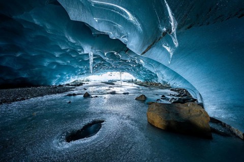 Glacier cave, ice cave, Morteratsch Glacier, Engadin, Grisons, Switzerland, Europe