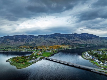 Loch Long Bridge or Dornie New Bridge from a drone, Loch Long River, Highlands, Scotland, England,