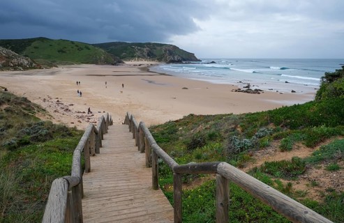 Carrapateira, Algarve, Portugal - Praia do Amado, wooden jetty to the surfers' beach on the west
