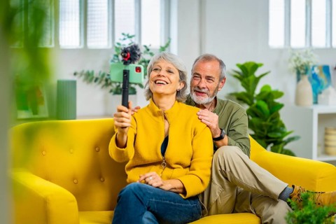 Happy senior couple holding mobile phone during video call sitting on modern yellow sofa at home