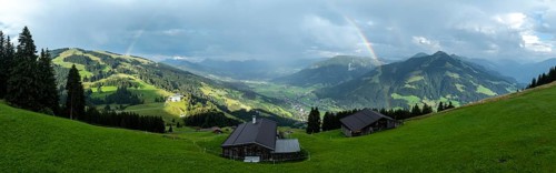 Alpine panorama in summer, rainbow, alpine hut, view over the Brixen valley, Hochbrixen, Brixen im