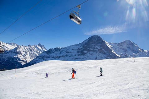 25 March 2024: Skiing against the backdrop of the north face of the Eiger in Grindelwald,