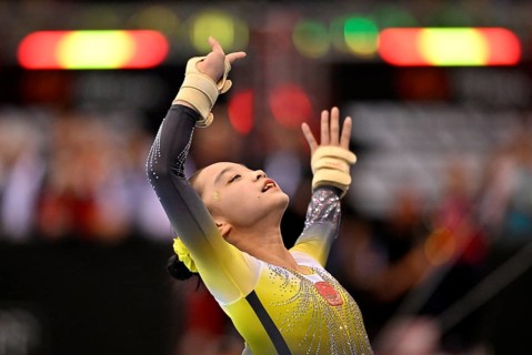 Ziyue Qin CHN Floor Action Gymnastics, EnBW DTB-Pokal, Porsche-Arena, Stuttgart, Baden-Württemberg,