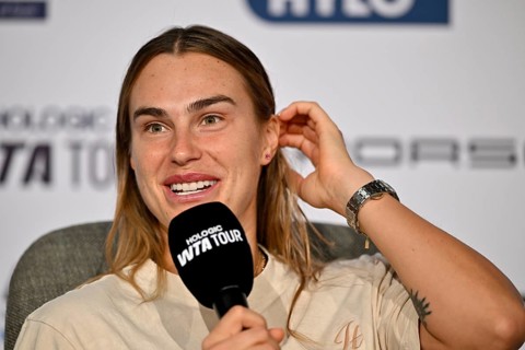 Aryna Sabalenka BLR, press conference, PK, interview, microphone, mic. Logo Portrait, smiles,