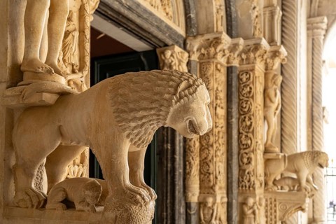 Lion at Radovan's portal of the Cathedral of St Lawrence in Trogir, Croatia, Europe