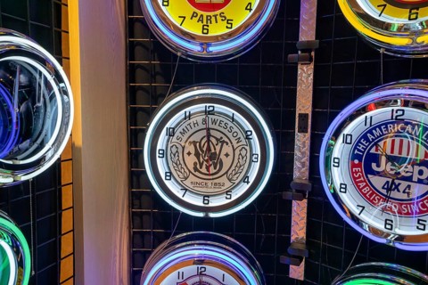 Livonia, Michigan - Clocks with corporate logos are on sale at the Clocks, Rocks & More store at