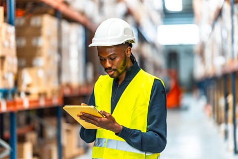 An african male warehouse worker taking inventory in the storage room
