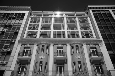 Facade of the residence Olympos Naoussa, black and white, Thessaloniki, Macedonia, Greece, Europe