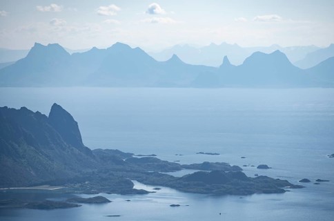 Mountain peak and fjord Austensfjorden, fjord landscape and sea, view from the summit of