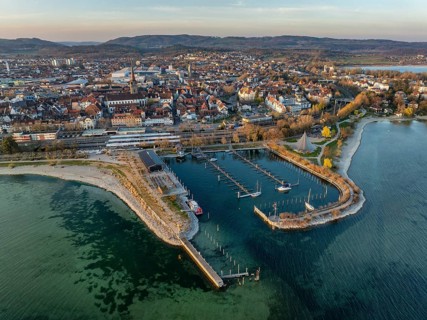 Aerial view of the town of Radolfzell on Lake Constance at low tide with the Wäschbruck harbour,