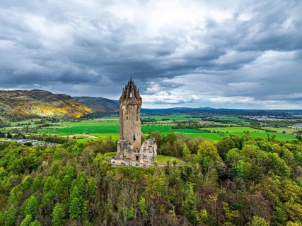 The National Wallace Monument or William Wallance Monument from a drone, Stirling, Scotland,