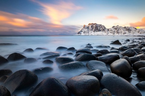 Rocks on the beach at Uttakleiv, long exposure, Vestvågøya, Lofoten, Norway, Europe