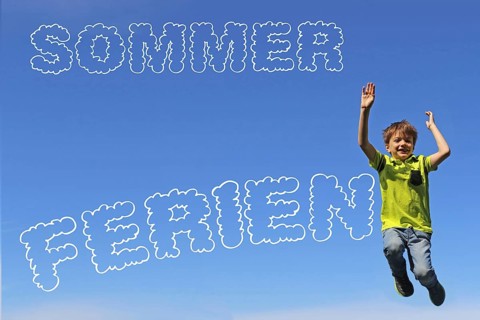 Summer holiday symbol: Lettering in front of a blue sky and a boy jumping in the air with joy
