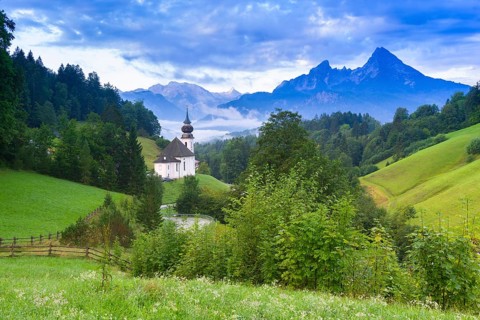 Maria Gern pilgrimage church, view of the Watzmann, in front of sunrise, Berchtesgarden Alps,