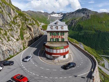Hotel Belvédère on the Furka Pass, the most famous pass hotel in the world. The building is closed