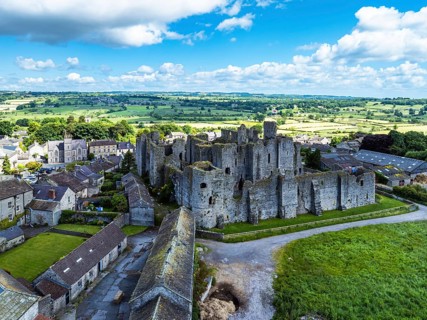Middleham Castle from a drone, Middleham, Wensleydale, North Yorkshire, England, United Kingdom,