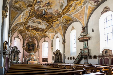 Interior view, St Michael's parish church, Piesport, Moselle, Rhineland-Palatinate, Germany, Europe