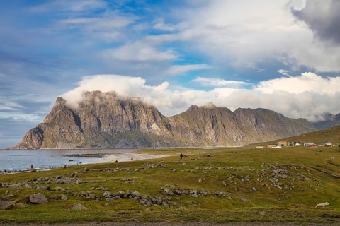 Tourists at Uttakleiv beach, Leknes, Nordland, Lofoten, Norway, Europe