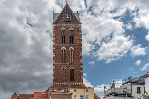 Remaining tower of St Mary's Church, built from 1260-70, St Mary's Churchyard, Wismar,