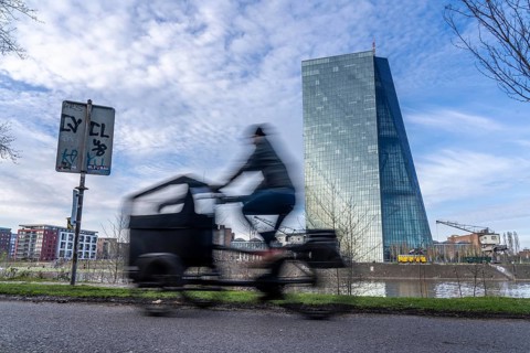 Building of the European Central Bank, ECB, cycle path on the Main in Frankfurt, Hesse, Germany,