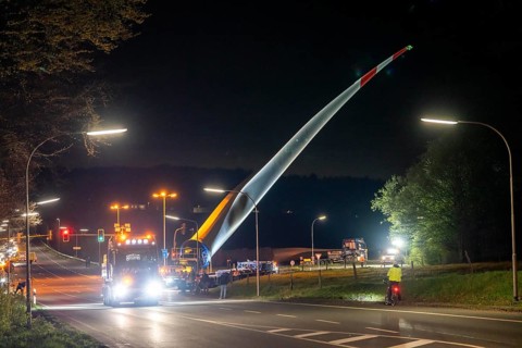 Transport of a 68 metre long, 22 tonne blade of a wind turbine, here in Schwelm, with a