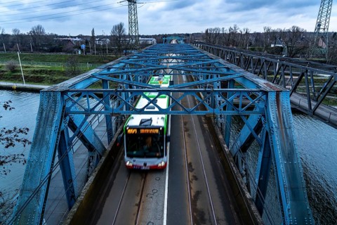 The Rhine-Herne Canal in Oberhausen, bus and tram bridge, North Rhine-Westphalia, Germany, Europe