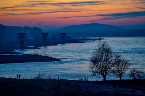Rhine at Duisburg-Bruckhausen, towers of the water extraction facilities of ThyssenKrupp Steel
