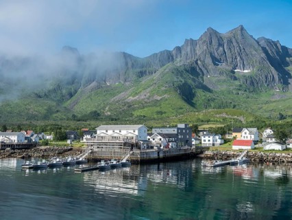 Mefjord Brygge, hotel and fishing base in village Mefjordvaer, island Senja, Norway, Europe