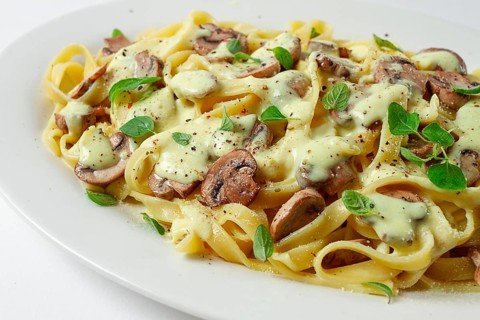 Fettuccine with champignons, basil, in cream sauce, homemade, no people