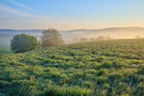 Morning landscape with misty meadow and rolling hills in the background at sunrise, Mönchberg,