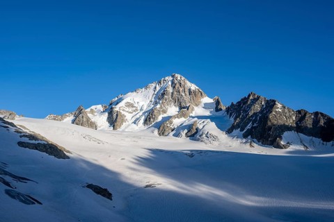 High alpine mountain landscape, summit of the Aiguille de Chardonnet and Glacier du Tour, glaciers