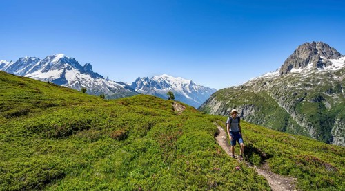 Mountaineer on hiking trail, mountain panorama with glaciated mountain peaks, Aiguille Verte with