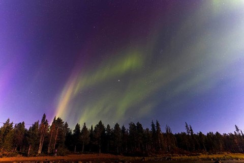 Northern lights, (Aurora borealis) at a lake near Kiruna, September 2024, Lapland, Sweden, Europe