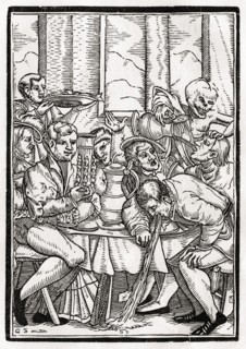 Der Tod holt den Trunkenbold Holzschnitt von Georg Scharffenberg nach Hans Holbein d. J. Aus Der