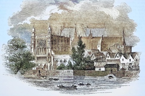 Houses of Parliament London England View from the river in the time of John Hampden 1594, 1643 From