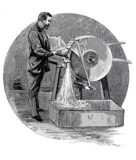 Exhibition on accident prevention in Berlin 1889, spark protection at the grindstone, digital