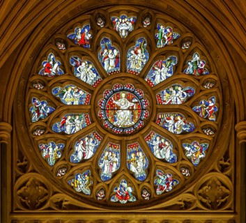Round or rose stained glass window 1877 by Hardman, Bristol cathedral church, Bristol, England, UK