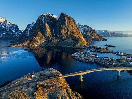 Aerial view, bridge, village, steep mountains, coast, winter, fog, evening light, Reine,