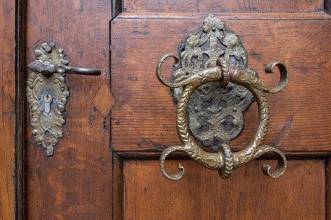 Historic door handle and door knocker from the 16th century, Bavaria, Germany, Europe