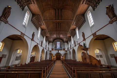Interior with wooden vault of St Otto's Church, built from 1912 to 1914 in Art Nouveau style,