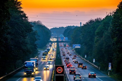Motorway A40, Ruhrschnellweg, near Bochum, heavy evening traffic, in front of the motorway junction
