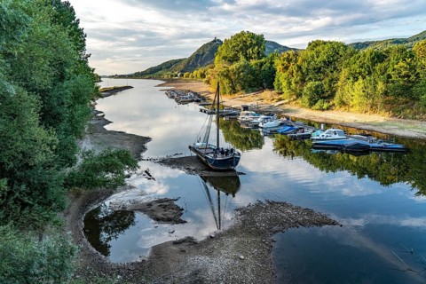 The Rhine at extremely low water, near Bad Honnef Rhöndorf, below the Drachenfels, the historic