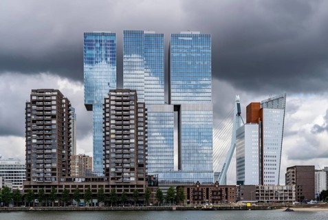 Rotterdam, skyline at the Nieuwe Maas, Erasmus Bridge, skyscrapers at the Kop van Zuid district,