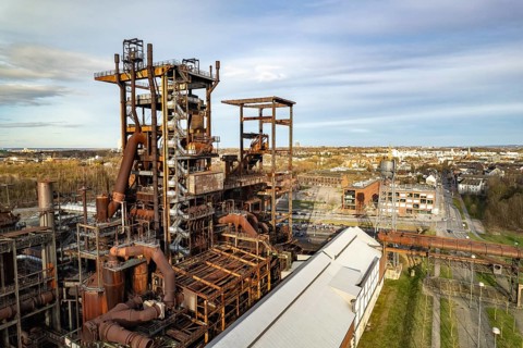Industrial ruins of the Phönix West blast furnace works in Dortmund seen from the air, North