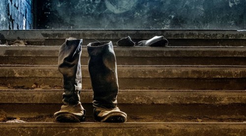 Old army boots, interior view of the former Alpine House on the historic grounds of the