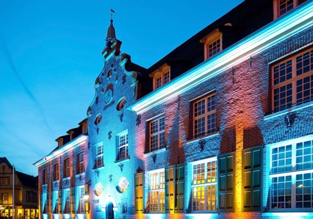Kevelaer in the light, light installation Priseterhaus in the evening, Kevelaer, Lower Rhine, North