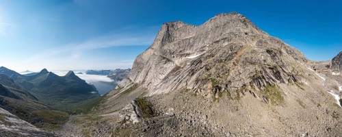 Aerial view of Mt. Stetind, famous norwegian mountain, seen from half way up to the top, northern