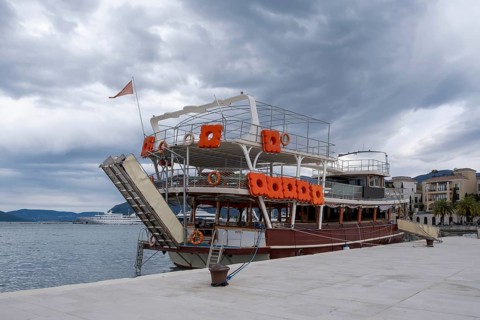 Excursion boat in the harbour of Porto Montenegro, Adriatic Sea, Mediterranean Sea, Montenegro,