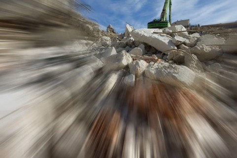 Demolition ruin of the post office Angererstraße 9, theme economic crisis, zoom effect, Munich,