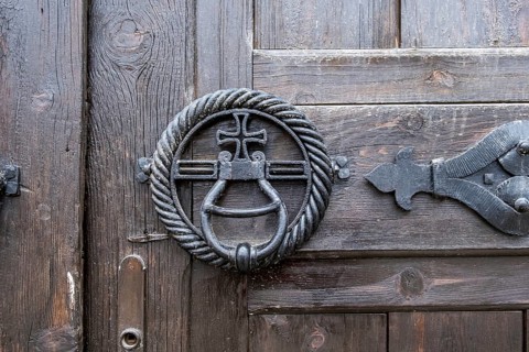 Detail of monastery gate with metal fittings, Gracanica Monastery, Gracanica, Amselfeld, Kosovo,